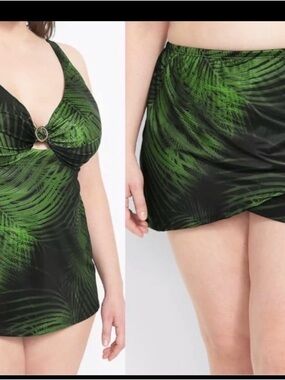 Lane Bryant Black & Green Palm-Print One-Piece Swimdress